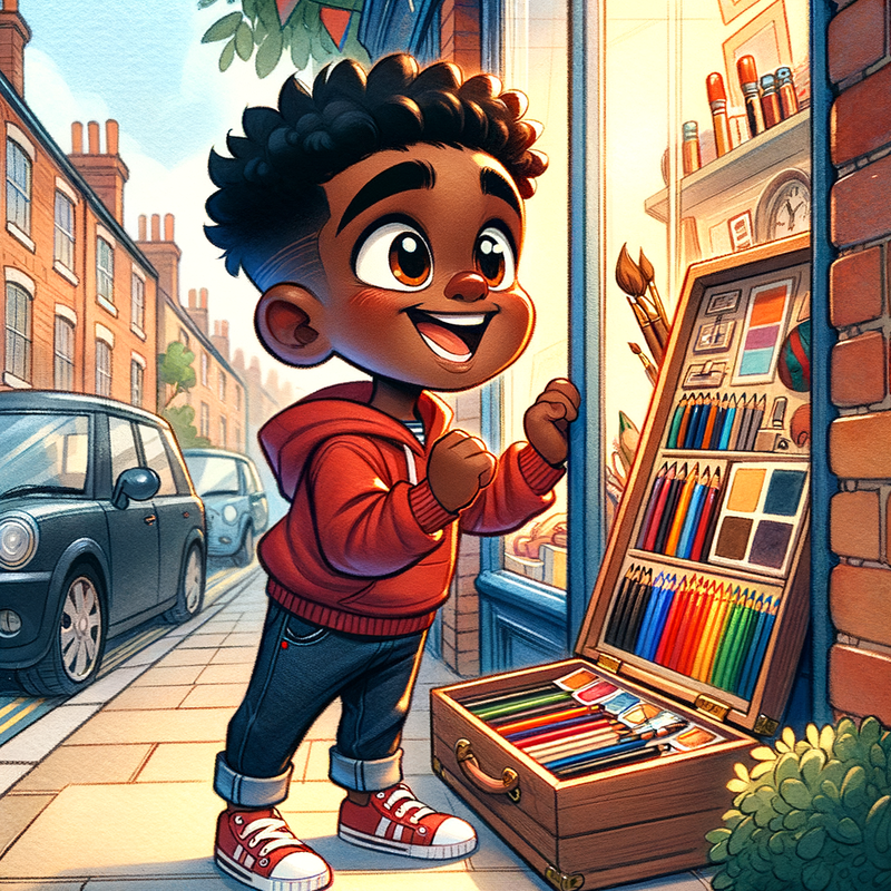 Remi at the art shop window